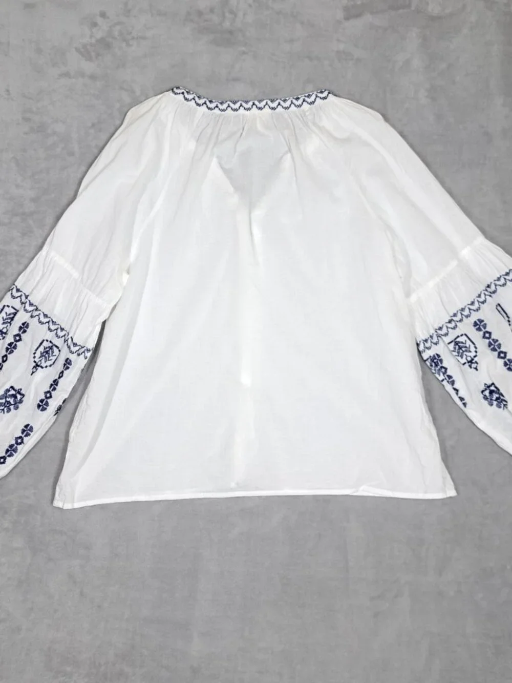 Nicole Miller Peasant Blouse L Top Boho Festival Cottagecore Coastal White Blue - Picture 4 of 8